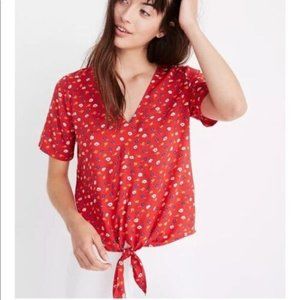 MADEWELL Red Floral Tie Bottom V-Neck Short Sleeve Blouse Top Shirt Size Medium